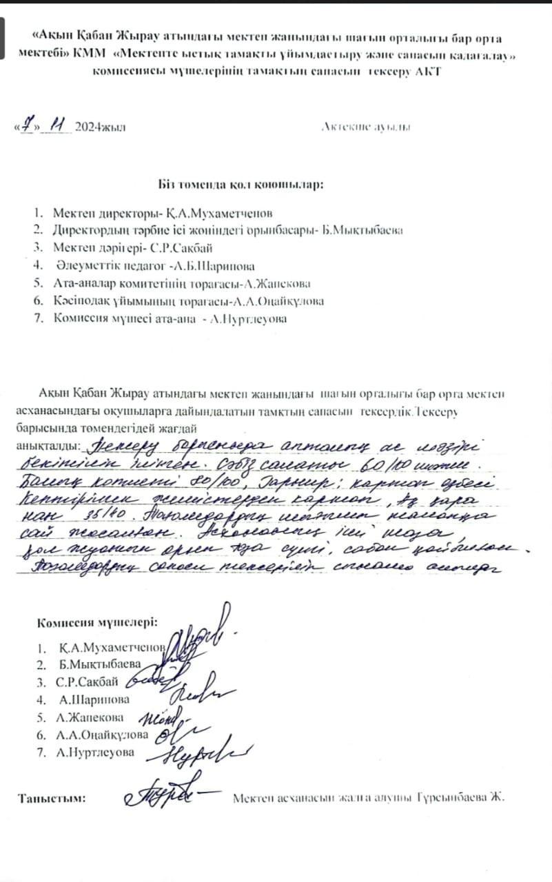 апталық ас мәзіріне акт